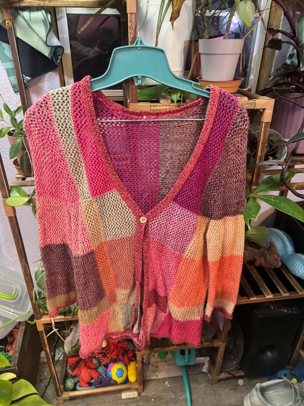Women's Multicolor Patchwork V-Neck Knit Cardigan - Pink/Brown/Orange